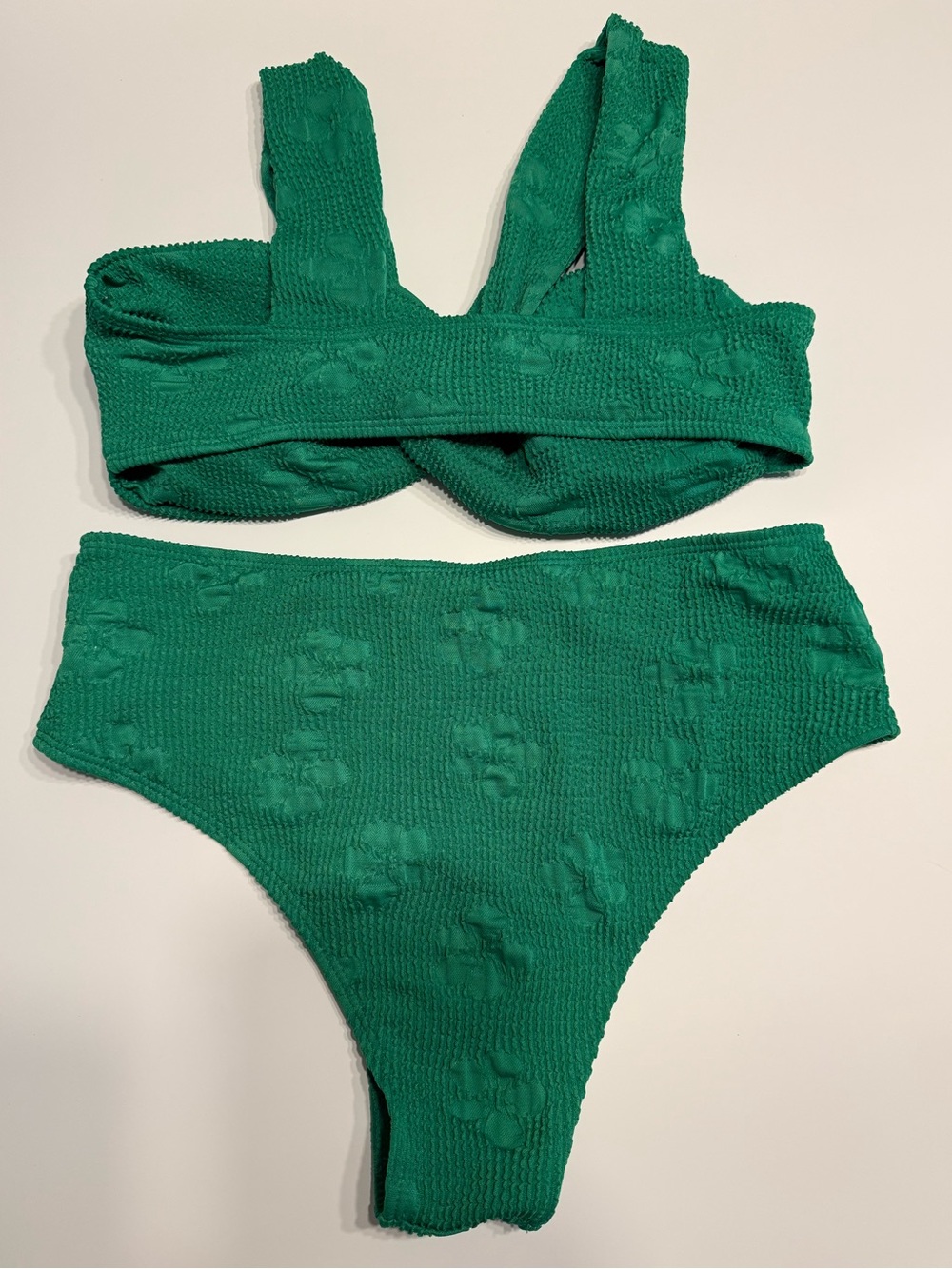 SHEIN Kelly Green Textured Jacquard Floral High Waist Bikini Set Resortwear Lg - Picture 4 of 6